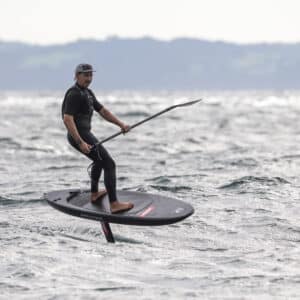 Jon Mann, foiler and SurfEars ambassador downwind sup foiling at the 2023 French Open Downwind race